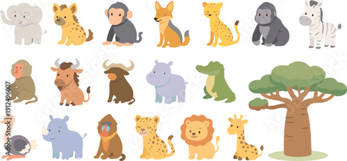 Canvas Print Cute African Safari Animal Vector Icon Set featuring Lion, Giraffe, Elephant, Ze