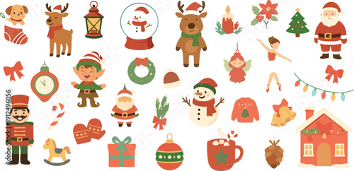 Cute Christmas Vector Icon Set featuring Santa Claus, Reindeer, Snowman, Nutcracker, and Festive Holiday Elements for Seasonal Winter Greeting Cards and Digital Decor