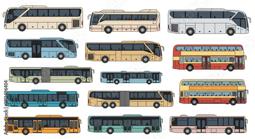 Large set of various bus types including city buses, double deckers, and tour coaches in multiple colors and designs.