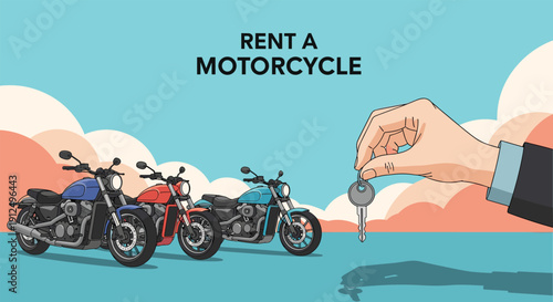 Professional hand holding a silver key in front of several parked motorcycles against a blue sky to rent a motorcycle.