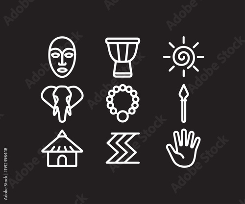 Minimalist White Line Icons Celebrating Rich African Cultural Symbols