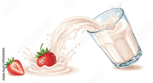 Fresh strawberry milk splashing out of a tall glass with whole and halved strawberries on a clean white background.