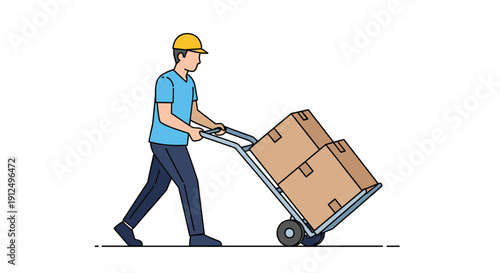 Delivery worker wearing a yellow hard hat and pushing a hand truck loaded with two cardboard boxes for shipping.