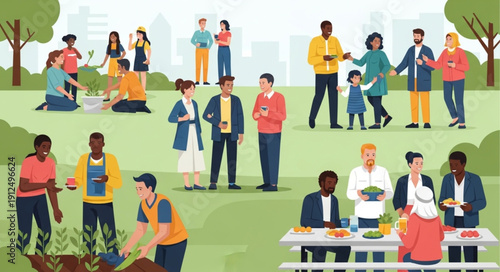 Diverse group of people enjoying outdoor activities and community gathering.