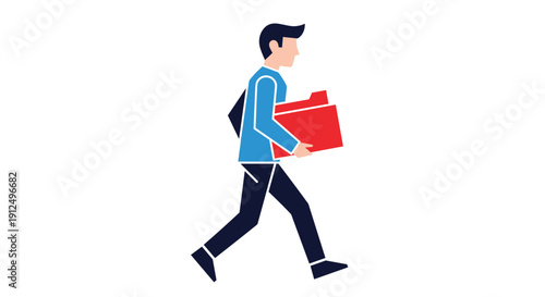 Professional office employee walking quickly while carrying red document folder in business corporate setting illustration.