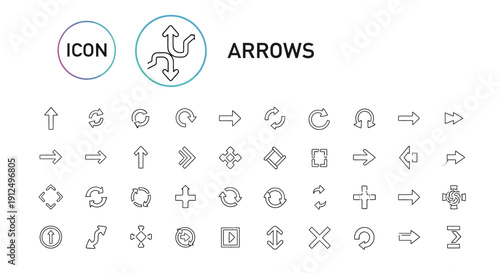 Collection of minimalistic line icons representing arrows symbols and various shapes