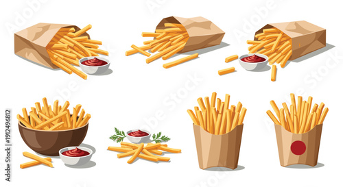 Selection of french fries servings in paper bags bowls and boxes with tomato ketchup dipping sauce on white background.