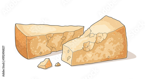 Detailed illustration of two hard wedges of parmesan cheese with small crumbs isolated on clean white background.