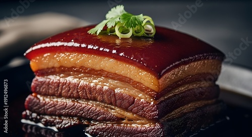 Traditional layered pork belly with rich sauce and fresh garnish