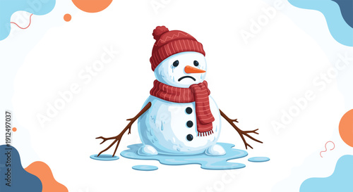 Sad melting snowman with red hat and scarf standing in puddle of water on winter themed abstract background.