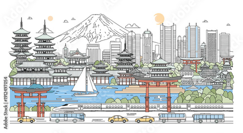 Detailed illustration of Japanese city skyline featuring Mount Fuji traditional temples modern buildings and high speed train.