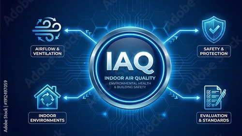 IAQ Indoor air quality concept for monitoring and avoiding pollution in blue background with house, air, checklist and check icons new ai
