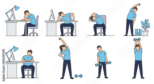 Collection of illustrations showing people performing various stretches and exercises at office desk to improve posture.