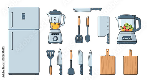 Group of kitchen equipment and utensils icons featuring refrigerator blender knives cutting boards and spatulas.