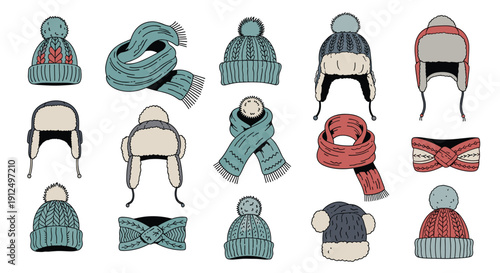 Cozy winter clothing set including various knitted hats beanies scarves and headbands for cold weather protection.
