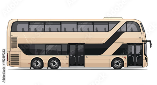 Realistic side view illustration of modern cream and black double decker bus for public city transport service.