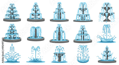 Collection of various water fountain designs with multiple tiers stone basins and falling water for garden landscaping.
