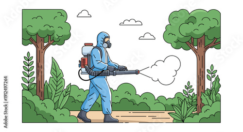 Worker in blue protective hazmat suit spraying disinfectant or pesticides in forest environment with specialized equipment.