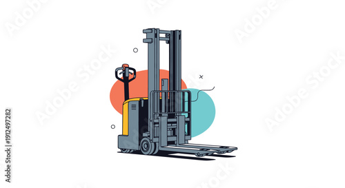 Modern electric pallet stacker forklift illustration in grey and yellow colors for warehouse logistics and handling.