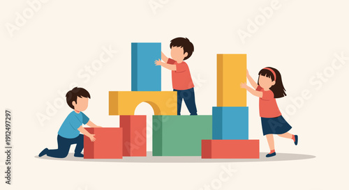 Group of happy children playing together and building a tower with large colorful toy building blocks.