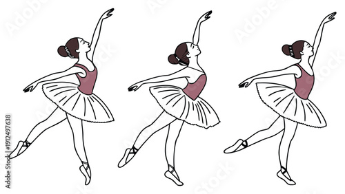 Three ballet dancers in white tutus and brown buns performing arabesque pose in line