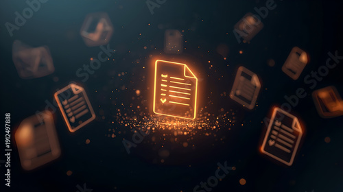 Digital document or checklist icon glowing in orange with floating particles