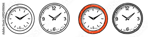 Set editable sketch drawing clock vector for casual planners. Ideal for informal schedules, personal journals, and creative time tracking. Symbolizes urgency and rough deadlines.