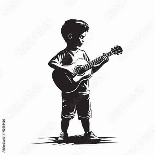 Young Boy Holding Guitar Learning Music Art Vector Illustration