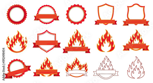 Collection of fiery badges and emblems with various shapes and ribbons.