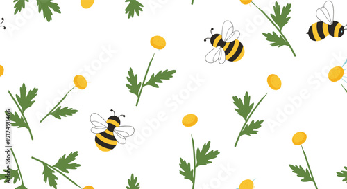 Seamless bee and wildflower pattern vector with flying honey bees and botanical elements for nature background