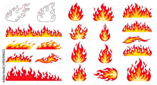 Collection of various fire and flame illustrations, depicting different shapes and intensities of burning elements.