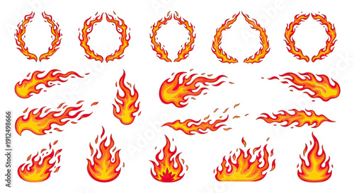 Collection of various fire elements including flames, fiery wreaths, and burning streaks.