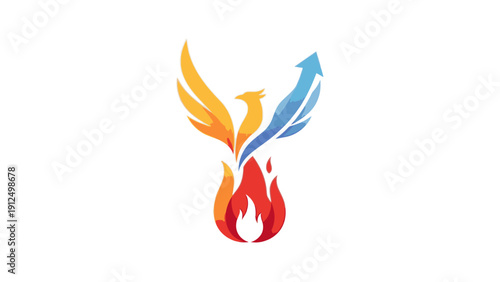 A stylized logo featuring a multicolored phoenix rising from flames against a clean white background with vibrant orange, blue, and red hues.