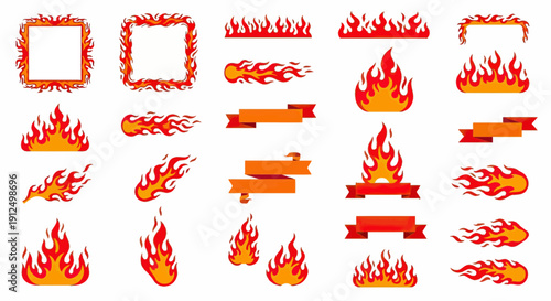 Collection of various fire flames, fiery frames, and burning ribbons.
