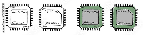 Set editable sketch drawing microprocessor vector for tech drafts. Ideal for casual coding graphics, startup concepts, and hardware blueprints. Symbolizes rough IT ideas and AI.