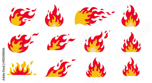 Dynamic collection of cartoon fire flames and burning elements.