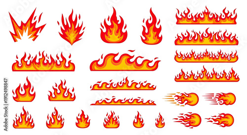 Dynamic collection of cartoon fire flames and fiery elements.
