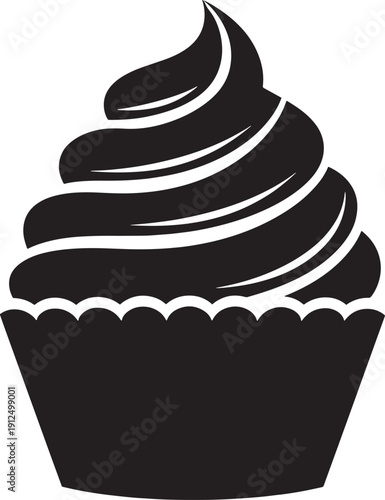 Black and White Cupcake Icon Silhouette Isolated on White Background