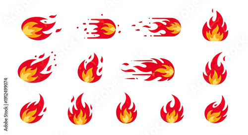 Set of dynamic fire and flame icons with motion trails and static burning elements.