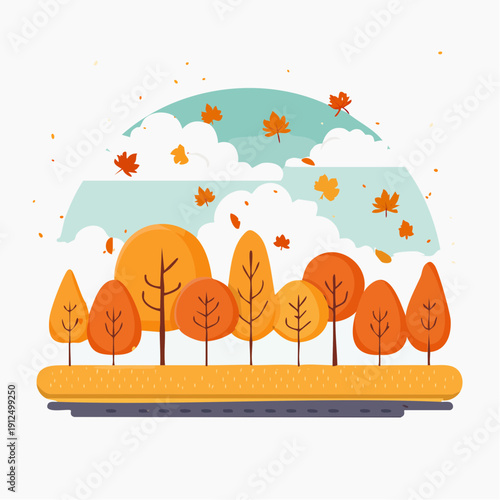 A vibrant autumn landscape with trees and falling leaves viewed from a slight elevation on a mobile device screen