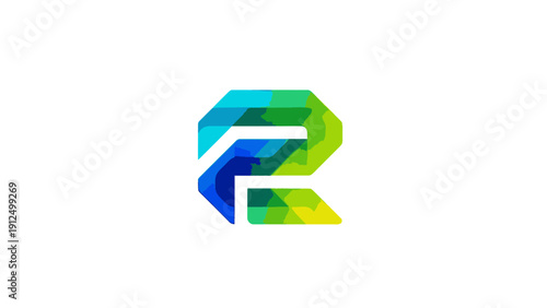 Close-up of a colorful, stylized letter 'E' logo with a multicolored, gradient effect on a white background.