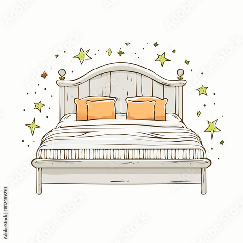 Illustration of a bed with orange pillows and stars surrounding it in a whimsical scene