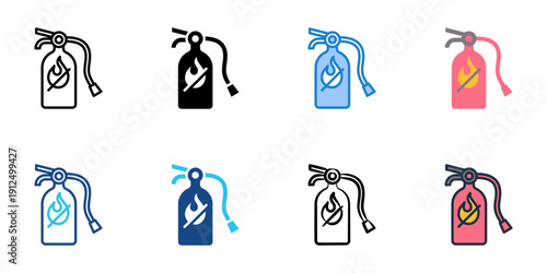 Fire extinguisher icons set multiple style collection. Editable stroke 
