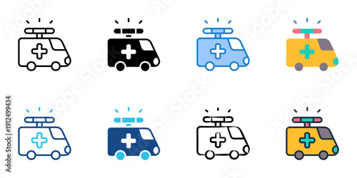 Emergency vehicle icons set multiple style collection. Editable stroke 
