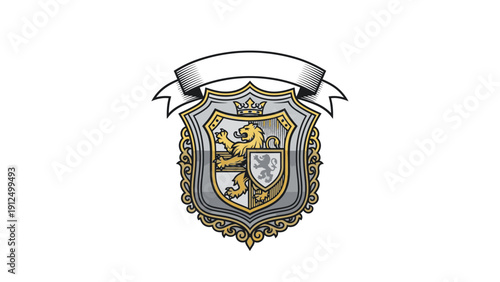 Illustration of a heraldic crest with a shield, banner, and ornate details on a white background.