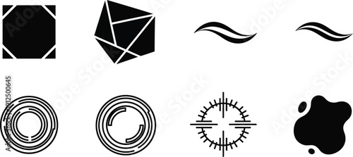 Collection of abstract black design elements featuring geometric shapes, decorative swirls, concentric circles,.