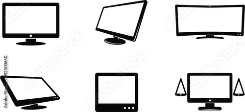 Monitor displays are shown in six different viewing angles and styles for graphic design mockups.
