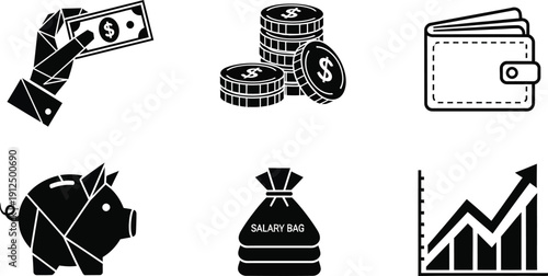 Hand holding paper currency next to coin stacks, wallet, and rising financial growth chart represents economic.