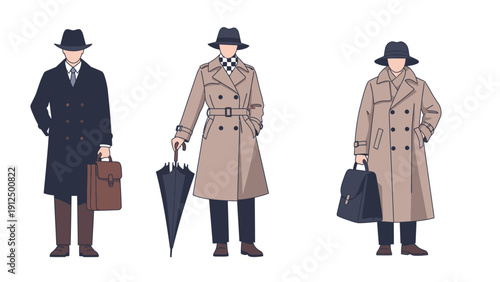 Illustration of three men in trench coats and fedoras, each holding different accessories, on a white background with a flat, graphic style and neutral tones.