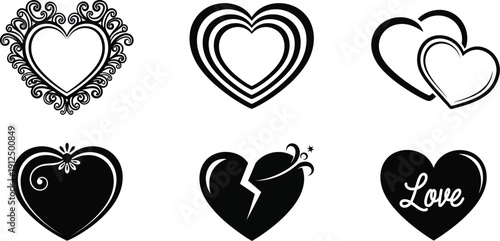 A collection of decorative heart shapes features ornate frames, outlines, cracks, and the word Love for romance.
